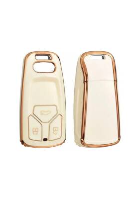 Audi Luxury Key Cover, White-Gold Nano Protective Case, Premium Quality, Compatible with A4 B9, A5, A6, 8S, 8W, Q5, Q7 4M, S4, S5, S7, TT, TTS, TFSI, RS Models - Audi
