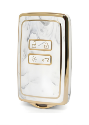 Ren Luxury Marble-Pattern Nano Key Cover, Gold-Framed White Design, Compatible with Ren Clio E-Tech, Austral, Megane E-Tech, Megane 4, Clio 5 - Ren
