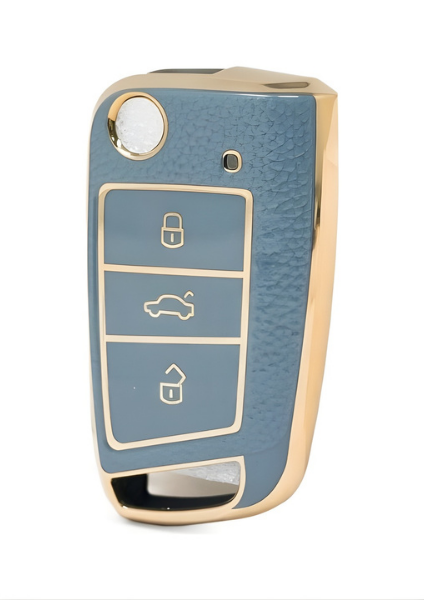 Volkswagen Luxury Nano Key Cover, Gray-Gold Design, 3-Button Flip Key Protector, Compatible with Volkswagen Golf 7 And 7.5, T-Roc, Seat Leon Mk3 - 1