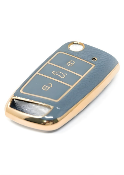 Volkswagen Luxury Nano Key Cover, Gray-Gold Design, 3-Button Flip Key Protector, Compatible with Volkswagen Golf 7 And 7.5, T-Roc, Seat Leon Mk3 - 2