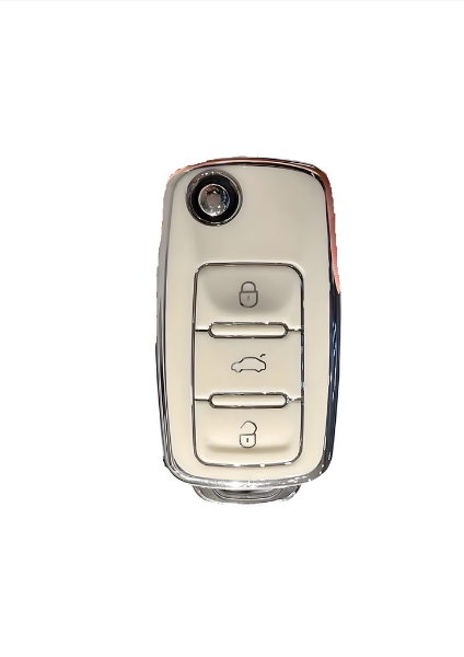  Volkswagen Luxury White-Silver Nano Key Cover, 3-Button Design, Premium Car Key Protector, Compatible with Volkswagen Tiguan, Jetta, Golf 5, Golf 6, Scirocco, Polo, Caddy, Transporter - 2