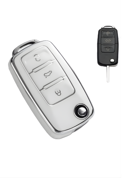  Volkswagen Luxury White-Silver Nano Key Cover, 3-Button Design, Premium Car Key Protector, Compatible with Volkswagen Tiguan, Jetta, Golf 5, Golf 6, Scirocco, Polo, Caddy, Transporter - 3