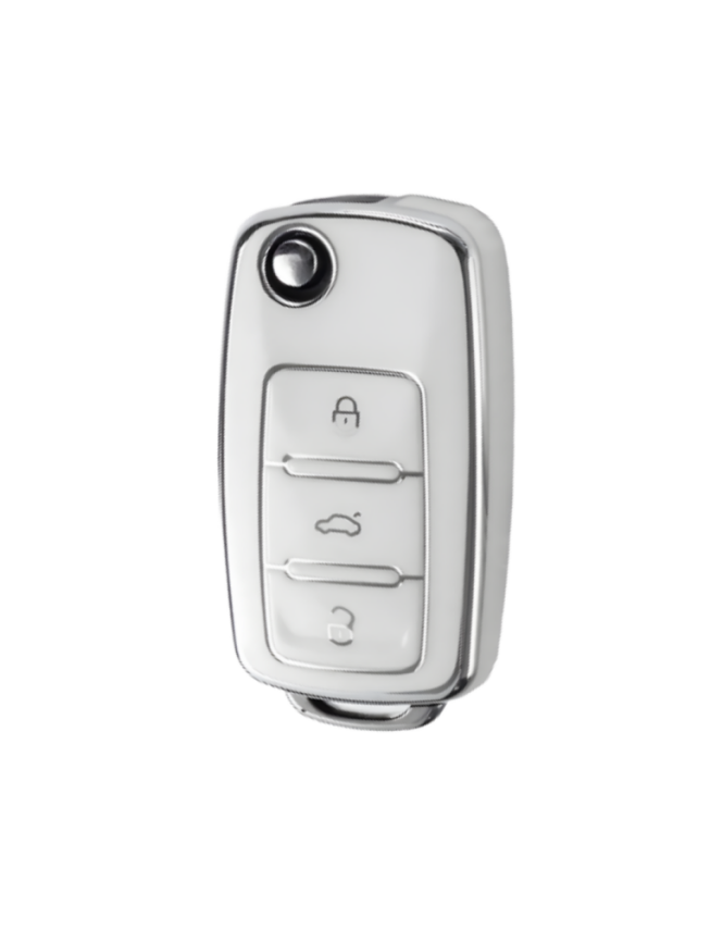  Volkswagen Luxury White-Silver Nano Key Cover, 3-Button Design, Premium Car Key Protector, Compatible with Volkswagen Tiguan, Jetta, Golf 5, Golf 6, Scirocco, Polo, Caddy, Transporter - 1