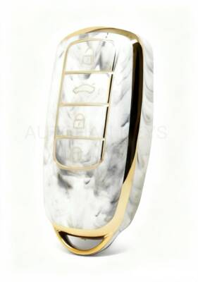 Chery Luxury Marble Pattern Smart Key Cover, White-Gold, 3 Button, Nano Coated, Compatible with Tiggo 8 Pro - Chery