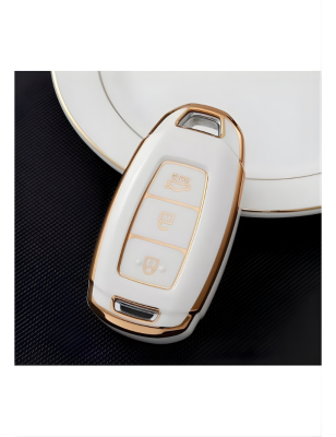 Hyundai Luxury Nano Key Cover, White Gold Color, 3-Button Design, Compatible with i30, ix25, ix35, Kona, Elantra, Accent, Santa Fe Models - Hyundai