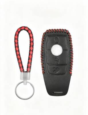 Mercedes Benz Black Leather Key Cover With Red Braided Detail For FBS4 Type 1 (2017–2020) - Mercedes