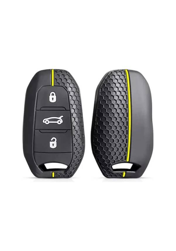 Peugeot-Citroen Honeycomb Pattern Key Cover, Black-Yellow Color, Compatible with 208, 308, 508, 2008, 3008, 5008, Rifter - 1
