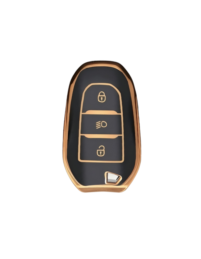  Peugeot Luxury Black-Gold Nano Key Cover Compatible with 208, 308, 508, 2008, 3008, 5008 & Rifter — Premium Model with Headlight Button - 1