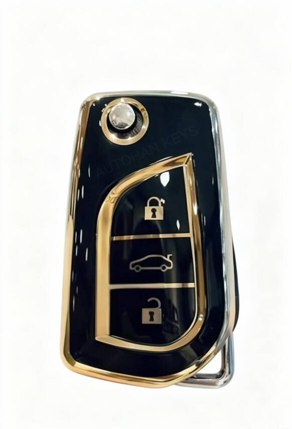 Toyota Luxury Key Cover Black Gold Compatible with Corolla, Auris, Yaris, Verso, Avensis, Aygo, and Hilux - 1