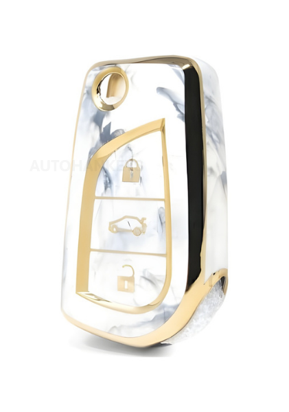 Toyota Luxury Marble Pattern Gold Frame Smart Key Protective Case – Compatible with Corolla, Auris, Yaris, Verso, Avensis, Aygo, Hilux Models - 1