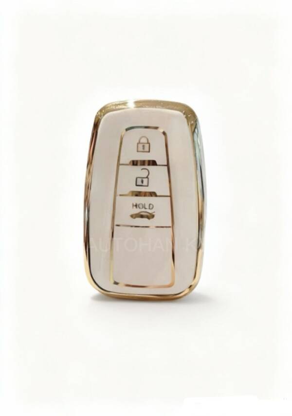 Toyota Luxury Nano Key Cover, White-Gold, 3 Button, Compatible with C-HR, Corolla, RAV4, Land Cruiser, Keyless Design - 1