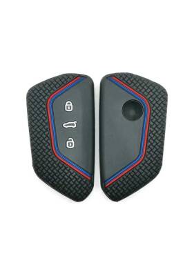 Volkswagen Golf 8 Black Honeycomb Silicone Key Cover with Red Blue Stripe - 3