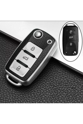 Volkswagen Key Cover Luxury Nano Protection Black Leather Silver Compatible with Leon, Ibiza, Polo, Golf, Passat, Jetta, Scirocco, and Tiguan - 3