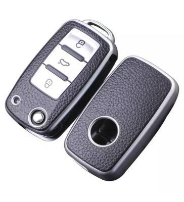 Volkswagen Key Cover Luxury Nano Protection Black Leather Silver Compatible with Leon, Ibiza, Polo, Golf, Passat, Jetta, Scirocco, and Tiguan - 2