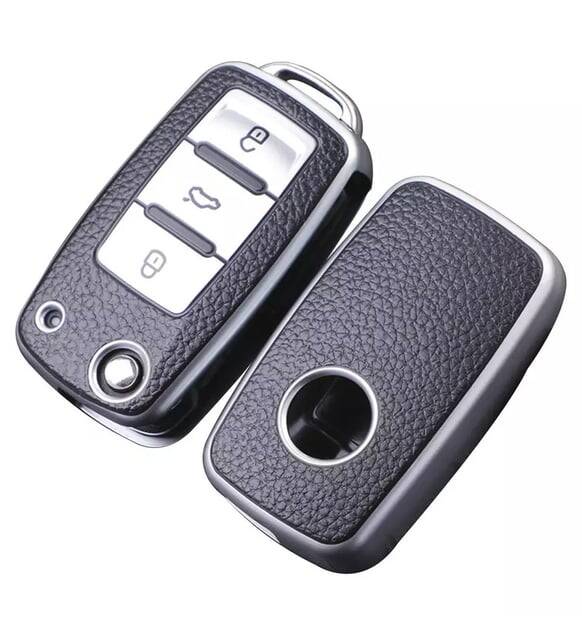 Volkswagen Key Cover Luxury Nano Protection Black Leather Silver Compatible with Leon, Ibiza, Polo, Golf, Passat, Jetta, Scirocco, and Tiguan - 2