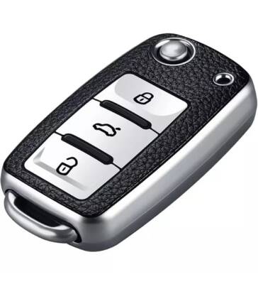 Volkswagen Key Cover Luxury Nano Protection Black Leather Silver Compatible with Leon, Ibiza, Polo, Golf, Passat, Jetta, Scirocco, and Tiguan - Volkswagen
