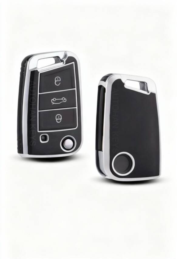 Volkswagen Luxury Nano Key Cover Black Silver Compatible with Golf 7, Golf 7.5, Tiguan, Polo, T-Roc, and T-Cross - 1